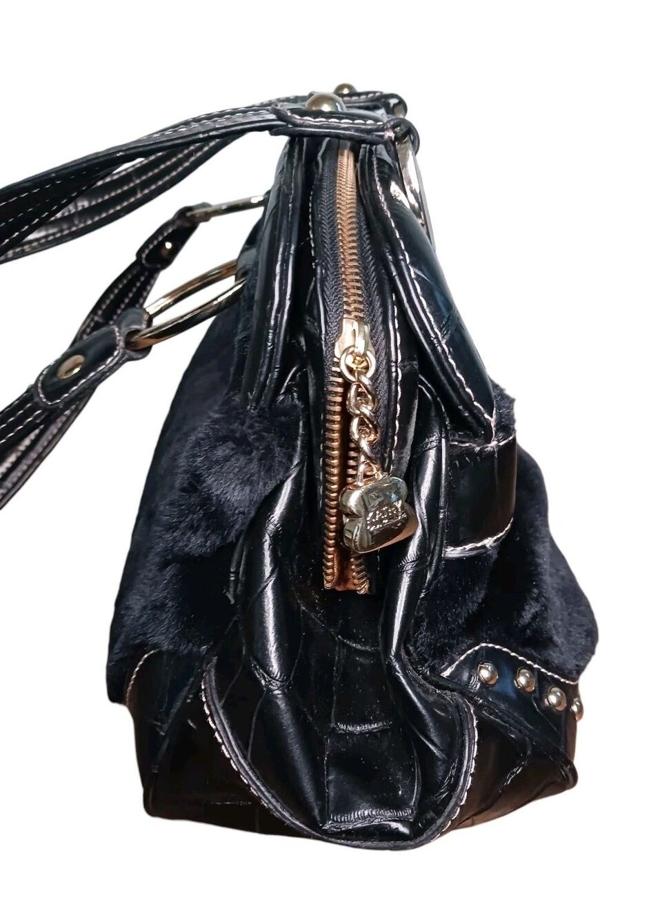 Y2K Kathy Van Zeeland Black Faux Fur & Gold Studded Glam Handbag Croc Embossed - Picture 3 of 7